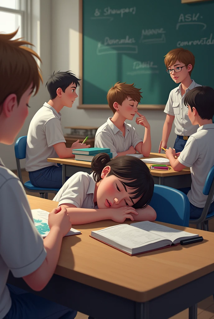 Teacher was sleeping and students are taking too each other , show the teacher the same time
