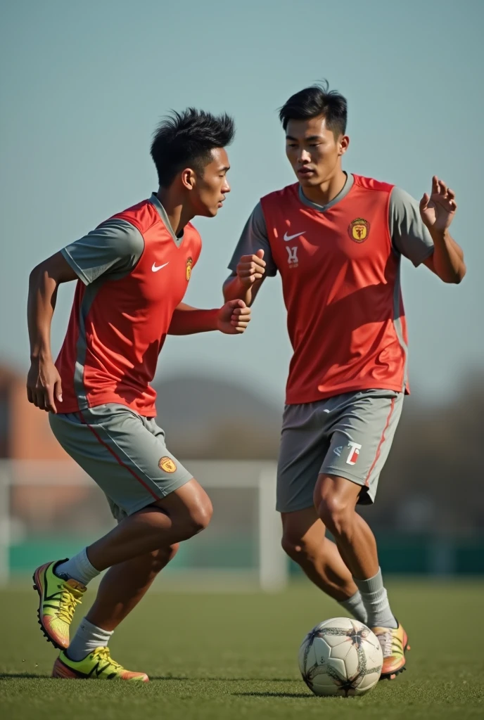 Two Asian handsome football players in good shape rock paper scissors 