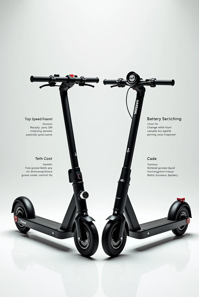 Create an instagram post of a comparison between two electric scooter with is common specifications that should be mentioned top speed, cost, battery, charging time visually appealing and aesthetic