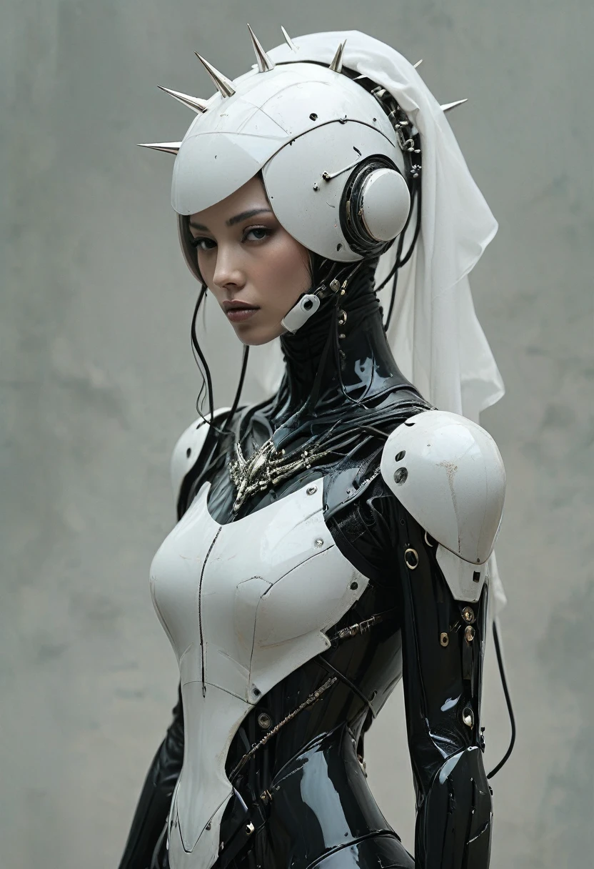 front view of a dark priestess holy cyborg necromancer girl wearing a white veil with a tiara and spiky crown on her head, symmetrical composition, oil painting style artstation concept character design in the style of James Gurney and Greg Rutkowski and Ross Tran, renaissance era ,cyberpunk art,gothic art,trending on Artstation,cgsociety,purism,faceless++ noface++ faceless ,no face ,faceless, featureless, non-anthropomorphized, blank, unmarked, anonymous, indistinct, undefined, vague, impersonal, expressionless, unidentifiable, characterless,formless, amorphous, nondescript, neutral, undifferentiated, abstract, generic, unspecified, uniform, simplistic, non-descript, bare, elemental ,shapeless, unformed, structureless, generalized, basic, unembellished, plain, minimalist, stark, unadorned, unelaborated, unornamented, unembodied,faceless++,bubble helmet,noface , cyborg