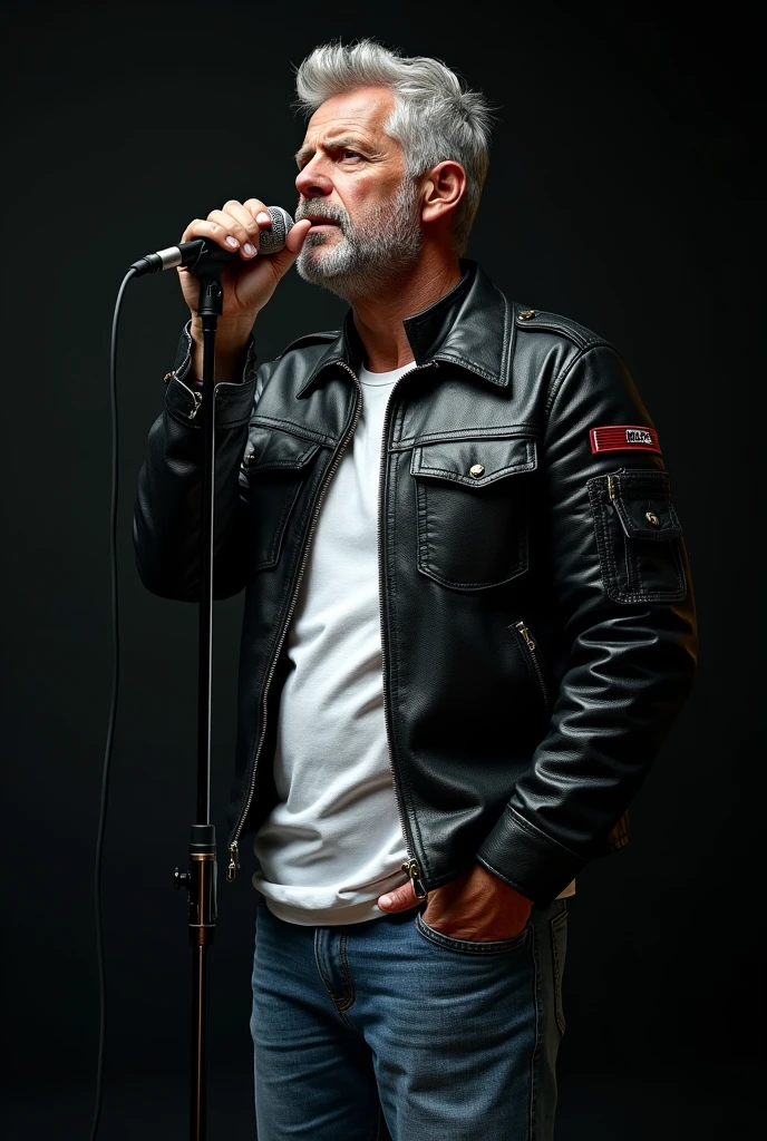 A forty year old man (short grey hair military style), with a microphone in his hand singing a song black Rockstar leather jacket, white t-shirt, blue jeans, contrast meticulously intricate ultra_ultra high detail_maximum ultra high quality_ultra high definition_photorealistic optimal ultra_high resolution cgi vfx sfx