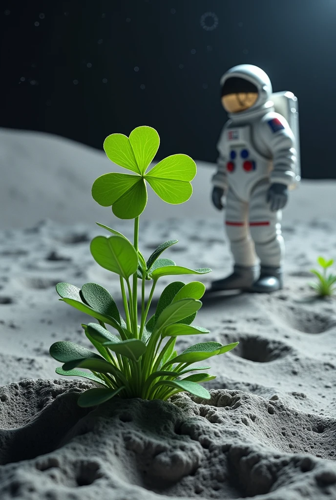 Create a png of a 4 leaf clover surviving in outer space on the moon with an astronaut look at the 4 leaf clover 