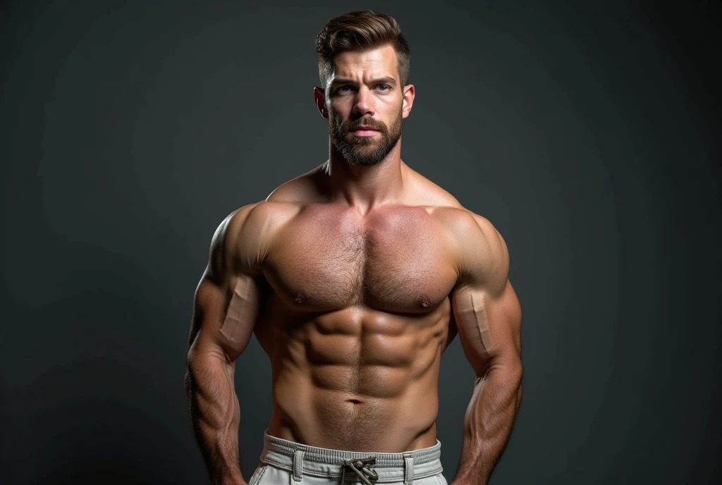 masterpiece, remove noise, empty noise, A man, Best Quality, 8k resolution, male focus, Focus only, amazing composition, volumetric lighting, Super quality, elegant, Very detailed,, (frontal pose), -----------, 35 years old, Madurese way, muscular, Skinny body, Caucasian, ((White skin)), elegant, (Detailed light blue eyes, detailed eyes), (((Light brown hair))), ((big ears)), (((hairy pecs, thick, abundant hair on the chest))), ((((Pale skin)))), (((Medium length beard))), (((((Jim Sturgess))))), ------------, (((wearing shorts slightly down))), (((sleeveless t-shirt lifting it above the pectorals, lifting the top showing under the pectoral))), (((big pink nipples)))