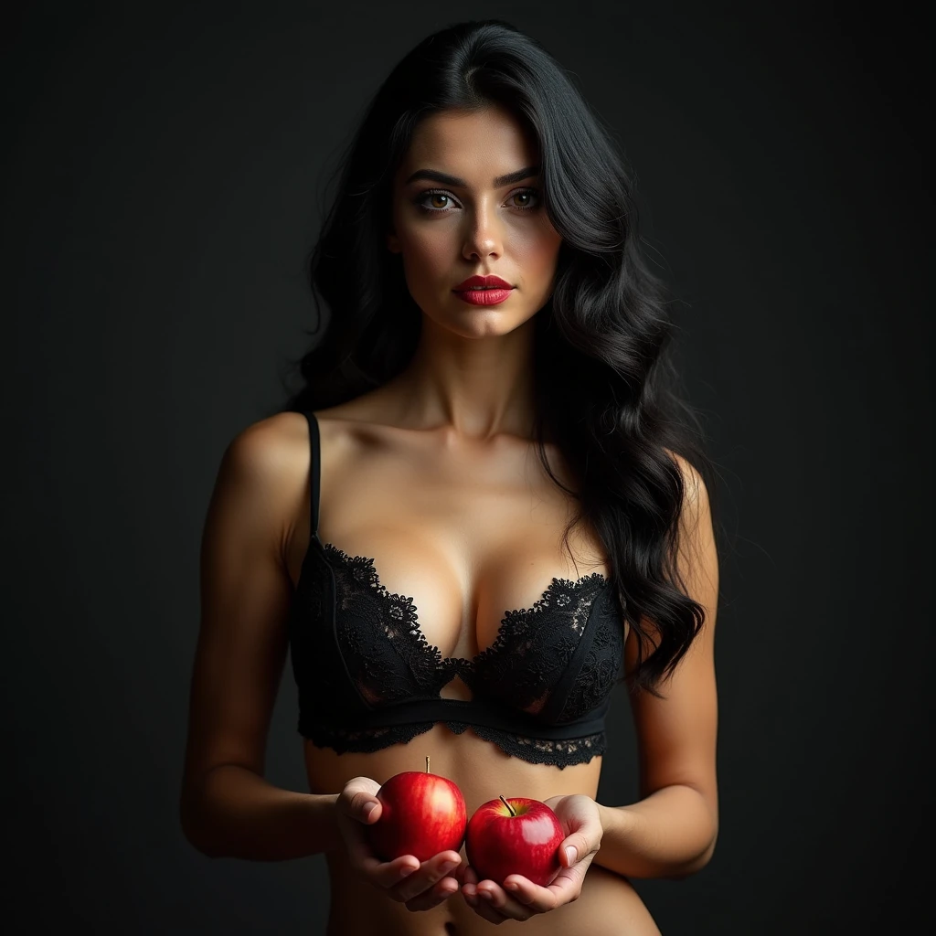 Girl assfrontview macacão látex gold de frente , , friendly, inviting, looking at viewer, muscular arms, muscular abs, athletic body, pussy, huge breasts, detailed, raw photo, photorealistic, professional photograph, attractive, stunning, cinematic, intricate, artistic, highly complimentary colors, perfect compositioné tênis branco ,Black long hair，Black Queen，accessories，Apple in hand，Poison apples，Witch Queen，Red lipstick , Masterpiece, high quality, high resolution,