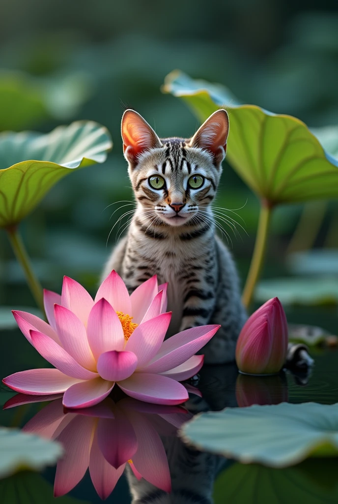 A lead Egyptian Mau cat in the middle of a lotus flower