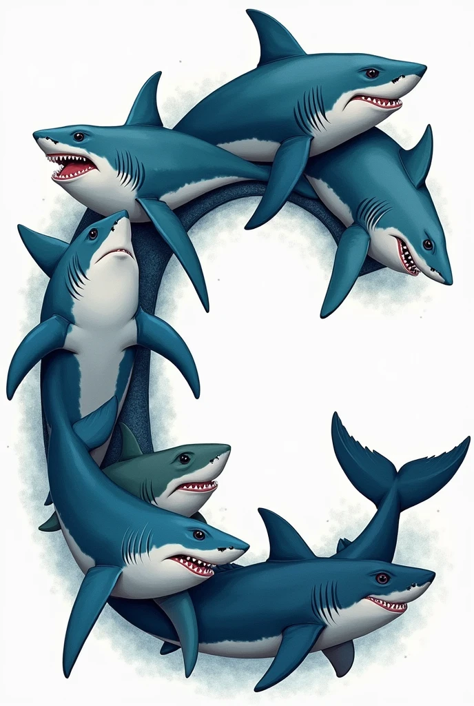A letter C filled with sharks dressed in different ways