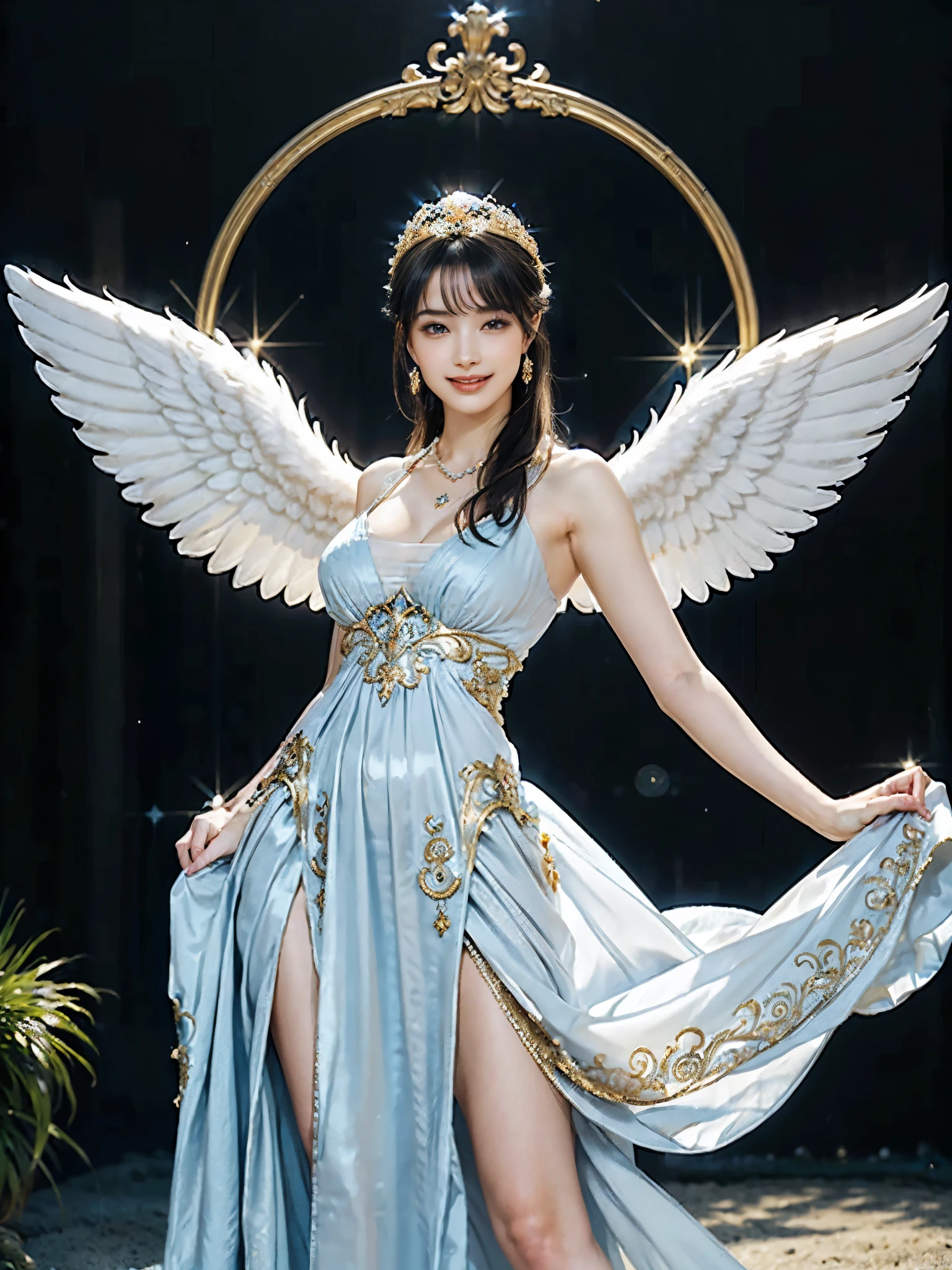 ((Very beautiful angel queen,The final form as a perfect angel, the masterpiece of an angel,Huge and intricate angel wings,The most dignified wings,Golden light,shining background,The most opulent and holy temple background,White and gold temple background,King of Angels, The most dignified angel, ((extremely detailed beautiful dresses)), (Intricate and solemn dresses, Light blue and gold embellishment dress on white, Light blue and gold dress on white base), (The most intricate and beautiful dresses, dresses decorated with some expensive jewels), ((extremely detailed gorgeous jeweled necklace)), Complex and majestic angel figure, The most intricately depicted figure of an angel, The World's Most Beautiful, Unimaginable beauties, (slim figure, attractive body shape, divine atmosphere), (smooth thin hair very fluttering in the wind, shiny hair), Intricate reproduction of the perfect angelic detail, The figure of an unimaginably gorgeous angel, The figure of an unimaginably huge angel)),((Most beautiful face, Half Japan and half Spanish, The biggest happy smile, The most luxurious and intricate dresses, The biggest smile looking at the camera)), Beautiful firm cleavage, beautiful clavicle, (Beautiful firm medium breasts), (Elegant standing figure, Fold your hands in front of your navel,)),Chest that seems to burst, Giant wings of angels, The background is the appearance of a perfect angel castle,Masterpiece,8K,very intricate, ultra detailliart, captivating and visually stunning piece of fractal art featuring, created by a renowned artist, vibrant colors. Formal artistic quality with strong aesthetic appeal.
