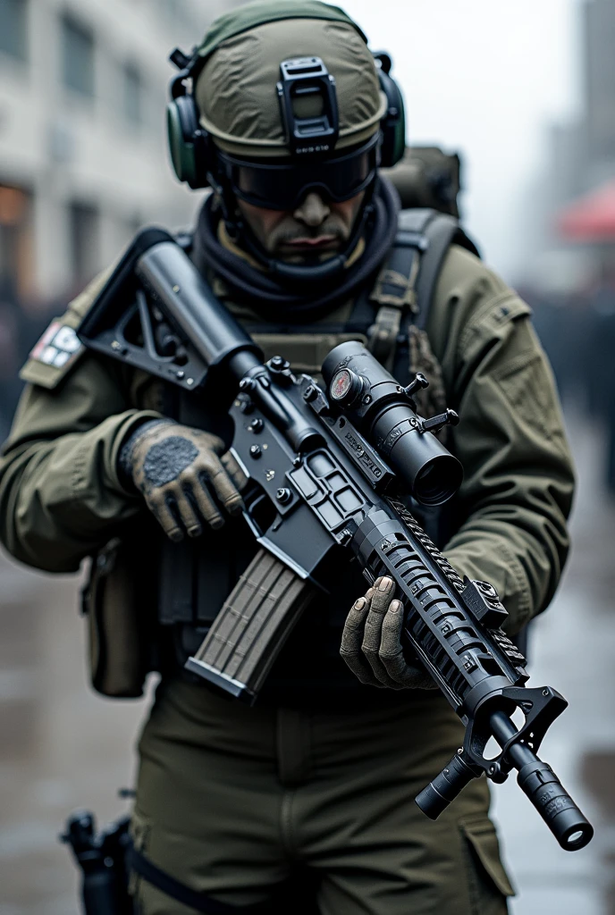 M16a1 rifle with drum magazine, under barrel mounted Granade launcher, canted grip, acog sight.