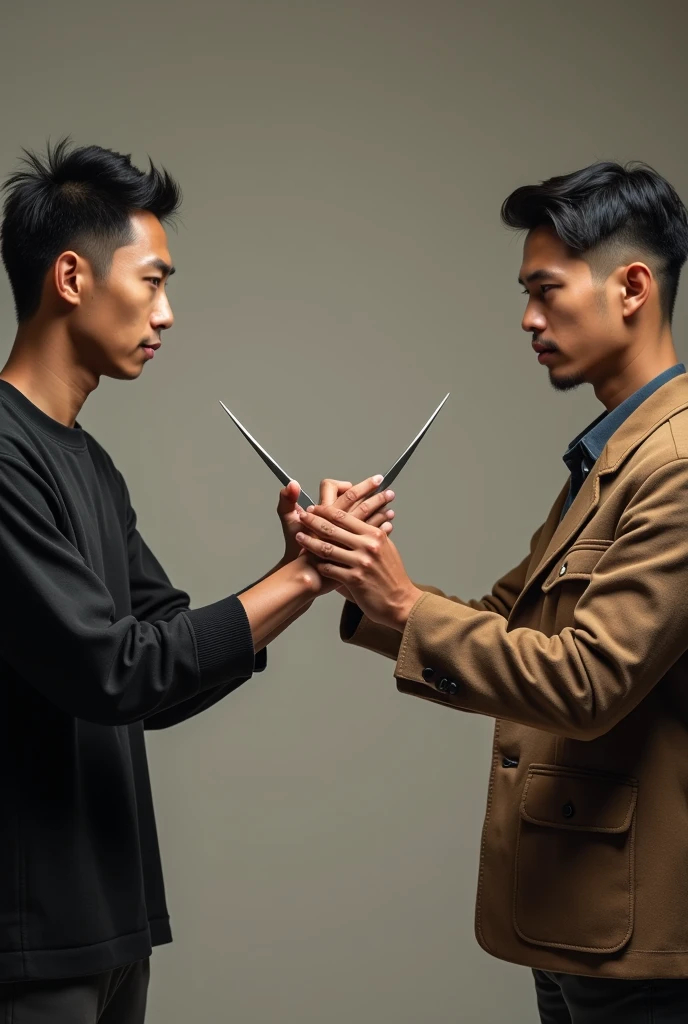 Asian men play rock paper scissors together 