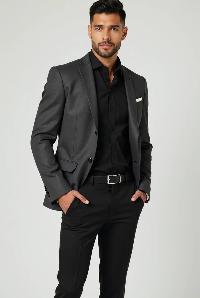 tall man called Jason, athletic build, tanned skin, short black hair, sharp jawline, dark brown eyes, slight stubble, wearing a dark gray suit jacket, black dress shirt, no tie, fitted black trousers, polished black leather shoes, silver wristwatch, confident stance, hands in pockets, serious expression, looking directly at the camera, no background