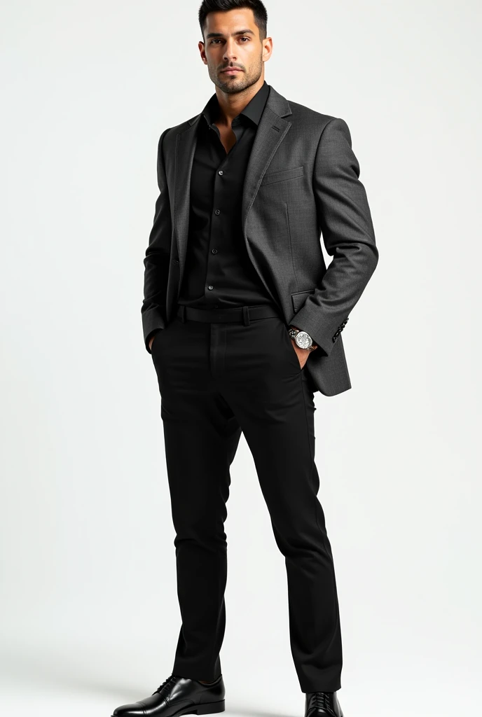 tall man called Jason, athletic build, tanned skin, short black hair, sharp jawline, dark brown eyes, slight stubble, wearing a dark gray suit jacket, black dress shirt, no tie, fitted black trousers, polished black leather shoes, silver wristwatch, confident stance, hands in pockets, serious expression, looking directly at the camera, no background