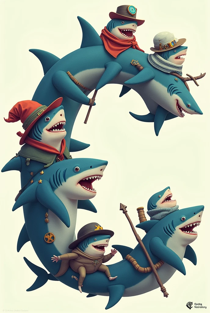 A letter C filled with sharks dressed in different ways