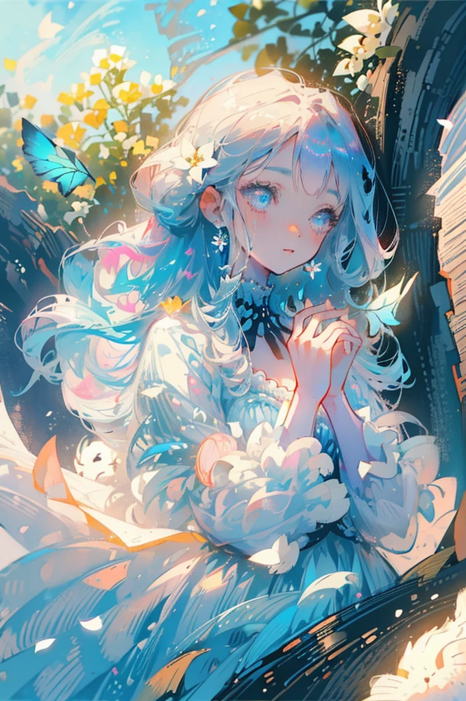 a young girl in a white lace dress, long blue wavy hair, LIGHT BLUE HAIR, cute, cute smile, adorable, holding a butterfly net, butterflies, flower field, natural light, detailed face, beautiful eyes, delicate features, soft colors, serene atmosphere, high quality, detailed, photorealistic, photo-realistic:1. 37, 4k, ultra-detailed, extremely detailed, hyperrealistic, highly detailed, masterpiece:1.2, vibrant colors, natural lighting, cinematic, dramatic, fantastic, magical, surreal.