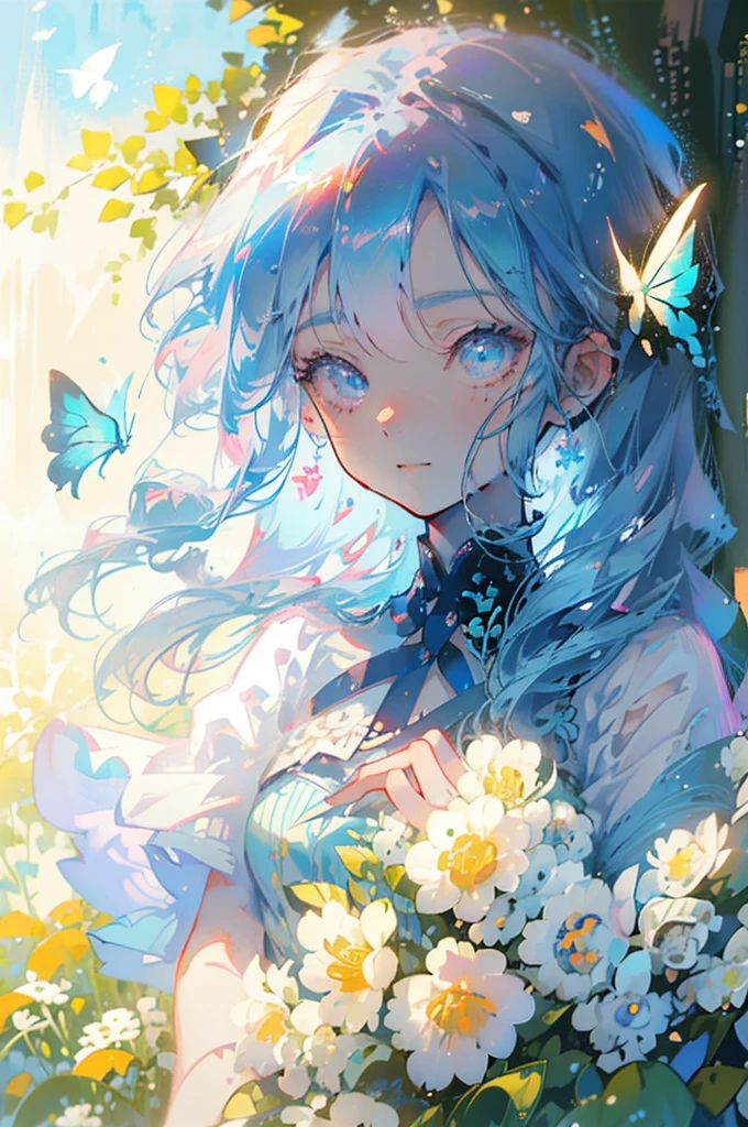 a young girl in a white lace dress, long blue wavy hair, LIGHT BLUE HAIR, cute, cute smile, adorable, holding a butterfly net, butterflies, flower field, natural light, detailed face, beautiful eyes, delicate features, soft colors, serene atmosphere, high quality, detailed, photorealistic, photo-realistic:1. 37, 4k, ultra-detailed, extremely detailed, hyperrealistic, highly detailed, masterpiece:1.2, vibrant colors, natural lighting, cinematic, dramatic, fantastic, magical, surreal.