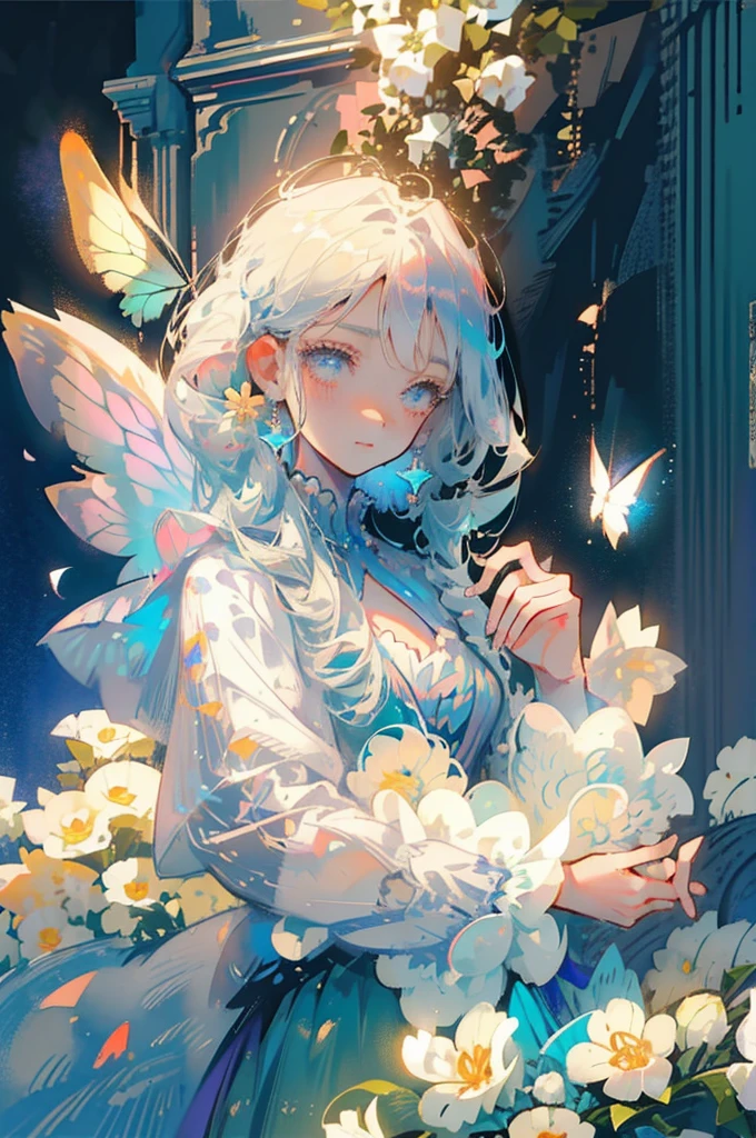 a young girl in a white lace dress, long blue wavy hair, LIGHT BLUE HAIR, cute, cute smile, adorable, holding a butterfly net, butterflies, flower field, natural light, detailed face, beautiful eyes, delicate features, soft colors, serene atmosphere, high quality, detailed, photorealistic, photo-realistic:1. 37, 4k, ultra-detailed, extremely detailed, hyperrealistic, highly detailed, masterpiece:1.2, vibrant colors, natural lighting, cinematic, dramatic, fantastic, magical, surreal.