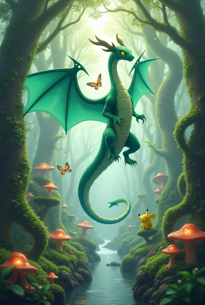 Pokémon Rayquaza in a magical forest with several other Pokémon