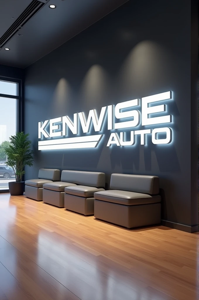 Create a beautiful and realistic large wall 3D logo for a digital  car dealership brand  , with name  KENWISE AUTO