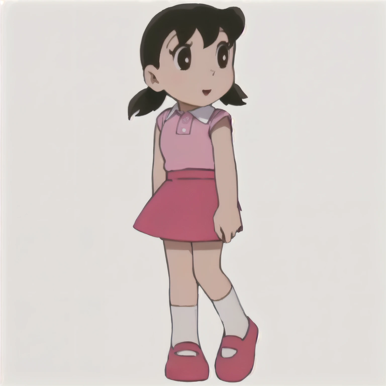Very pretty and cheerful girl, with white skin and straight brown hair gathered in two low pigtails, dressed in a pink dress with a matching skirt, a pink polo shirt with a white collar and a red skirt, an anime drawing