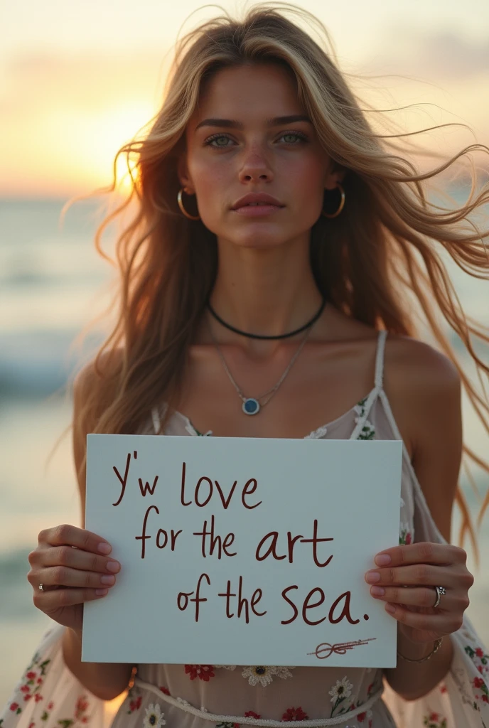 Beautiful girl with wavy long hair, bohemian dress, holding a white board with text "I Love Seaart Infinity" and showing it to the viewer