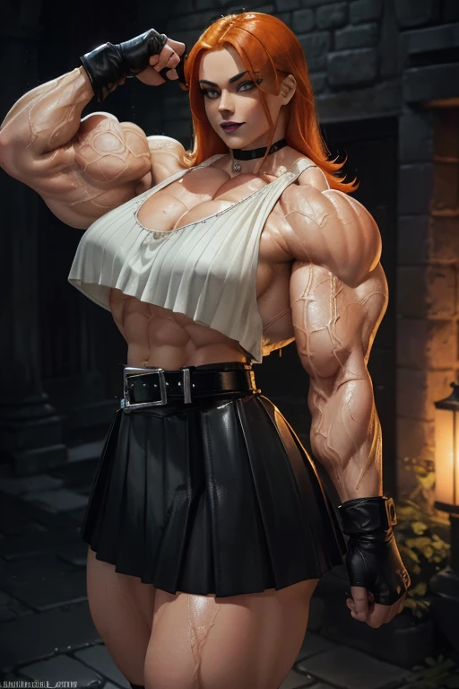 ((Close-up)), tall, (wet orange hair) beautiful wet muscular woman, long shaggy har, pale white skinned, large breast, closed smile, (black lipstick), (massive muscles), (hyper muscle), ((ginormous bulky muscles)), green eyes, (((black leather top))), (((black leather pleated skirt with belt))), (fingerless gloves), choker, boots, in a dark raining street,