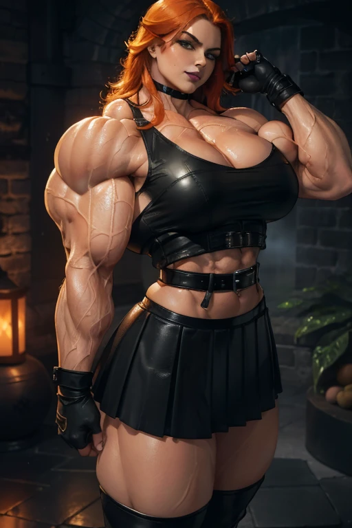 ((Close-up)), tall, (wet orange hair) beautiful wet muscular woman, long shaggy har, pale white skinned, large breast, closed smile, (black lipstick), (massive muscles), (hyper muscle), ((ginormous bulky muscles)), green eyes, (((black leather top))), (((black leather pleated skirt with belt))), (fingerless gloves), choker, boots, in a dark raining street,