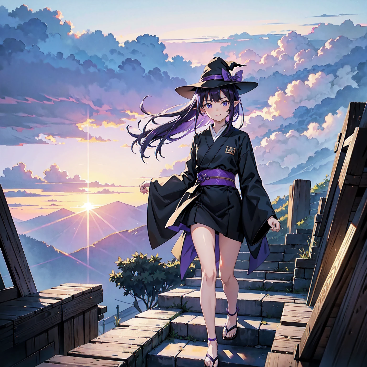 A girl with long violet-purple hair. A gentle, full smile. Pointy elf ears. Her clothes are simple: a black robe with wide sleeves and a black miniskirt. Her knees are showing. The front has a V-shaped white insert like a kimono. A witch's hat with purple ribbons on either side. Gentle face. Background, bright painting, Makoto Shinkai, floating long stairs, floating stairs in the air, stairs above clouds, illustration, nostalgic, vivid, above clouds, bright, fresh, stairs, sunset.