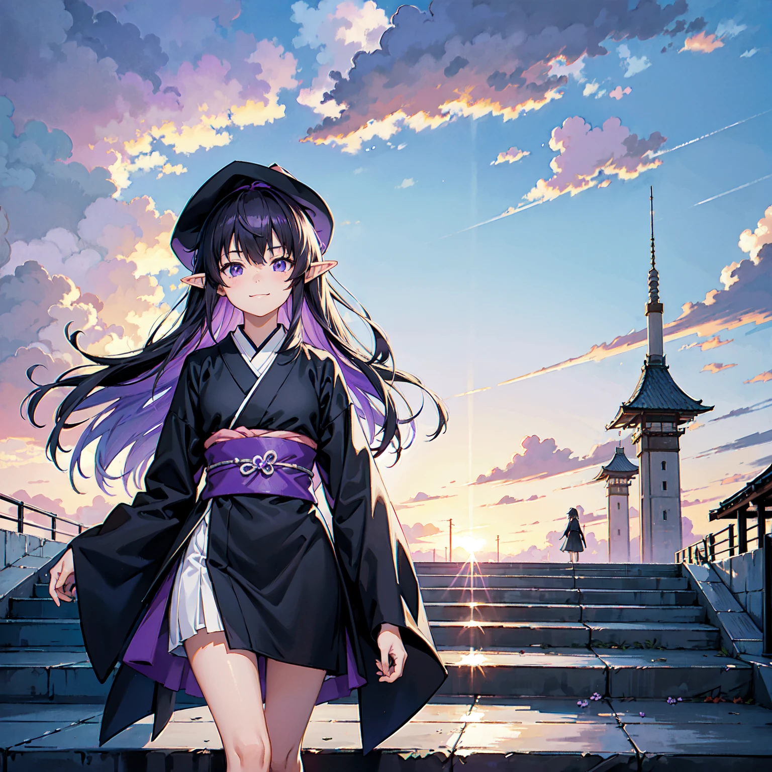 A girl with long violet-purple hair. A gentle, full smile. Pointy elf ears. Her clothes are simple: a black robe with wide sleeves and a black miniskirt. Her knees are showing. The front has a V-shaped white insert like a kimono. A witch's hat with purple ribbons on either side. Gentle face. Background, bright painting, Makoto Shinkai, floating long stairs, floating stairs in the air, stairs above clouds, illustration, nostalgic, vivid, above clouds, bright, fresh, stairs, sunset.