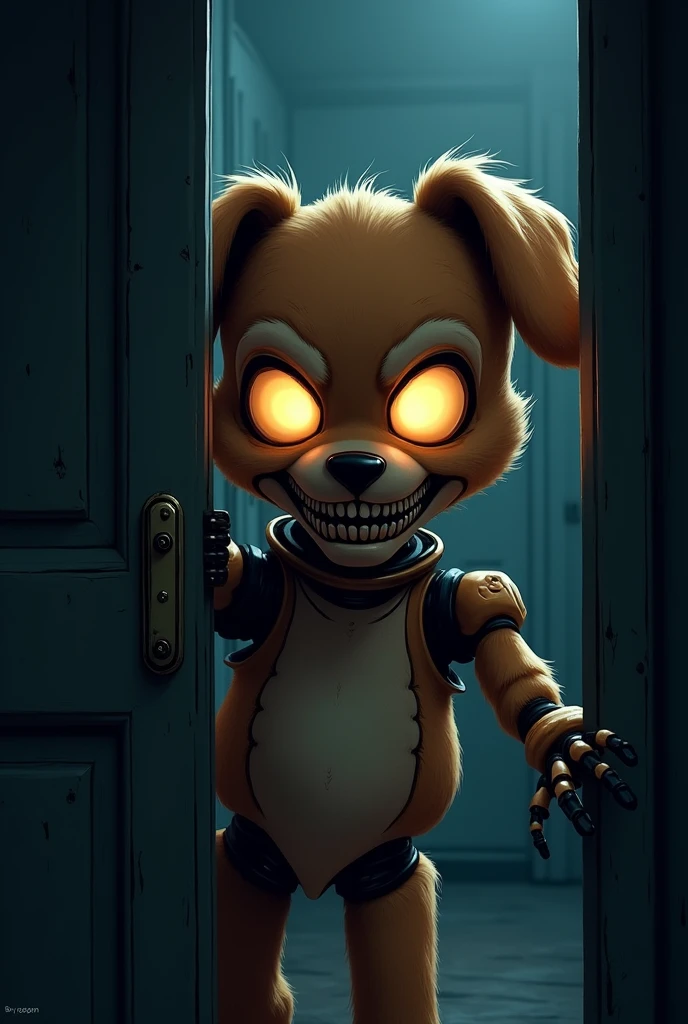 Create an image, of an animatronic in the form of an anthropomorphic dog spying behind the slightly open door. the image must be dark, frightening and causing discomfort. In the image, only the animatronic's eyes can be seen shining in the darkness and his macabre smile.. It must be a cartoon image. This animatronic must have a robotic appearance.. The dog must be brown.