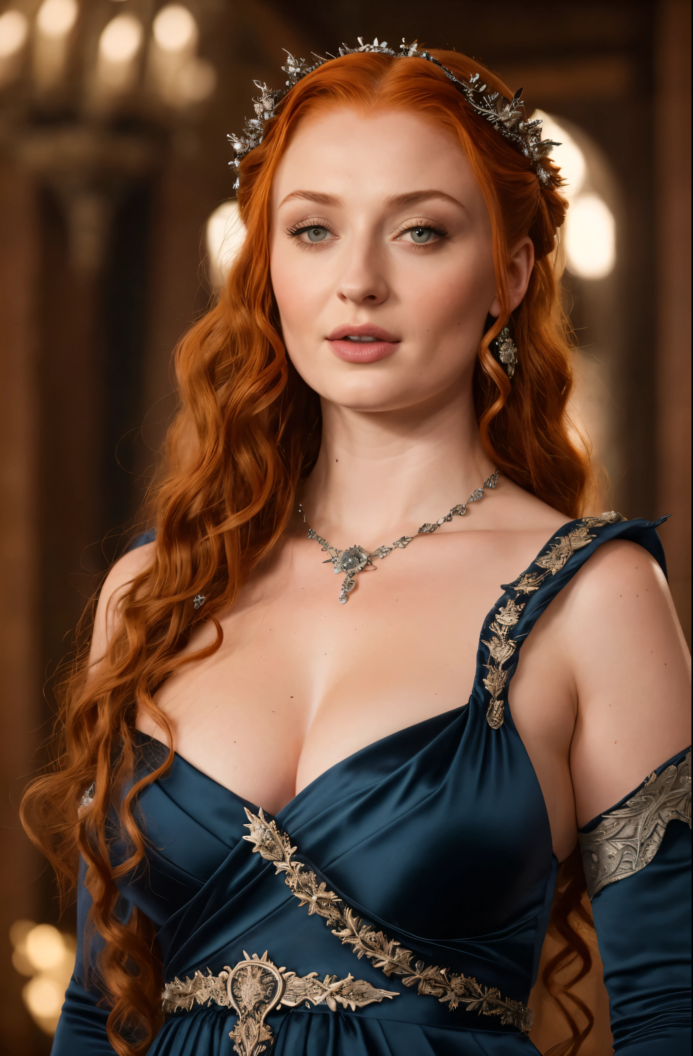 Face of Sophie Turner, Sansa Stark played by Sophie Turner, EXTREMELY GORGEOUS, STUNNING BEAUTY, the de facto Lady of the Eyrie, is a 50-year-old mature queen with a stunning, WIDE BODY, CURVY, THICK FLESHY FIGURE, alluring appearance. Full Face, Full figured woman, FULL FIGURED LADY, pierced eyes, reddish lips, upper body shot, erotic Mediaeval costumes, game of thrones costumes, She wears a Game of Thrones-inspired costume and has a deep cleavage, a perfect thick body, and a perfect thick figure. The photograph captures her in a close-up, with her skin texture and facial features being ultra-realistic and realistic. Juicy thick figure, high quality skin, Skin pores, amazing details, snow, snow flakes, semi realistic, extremely detailed eyes, dark moody orange and black settings, cool environment, artificial intelligence, BEAUTIFUL EPIC QUEEN , snow and ice climate