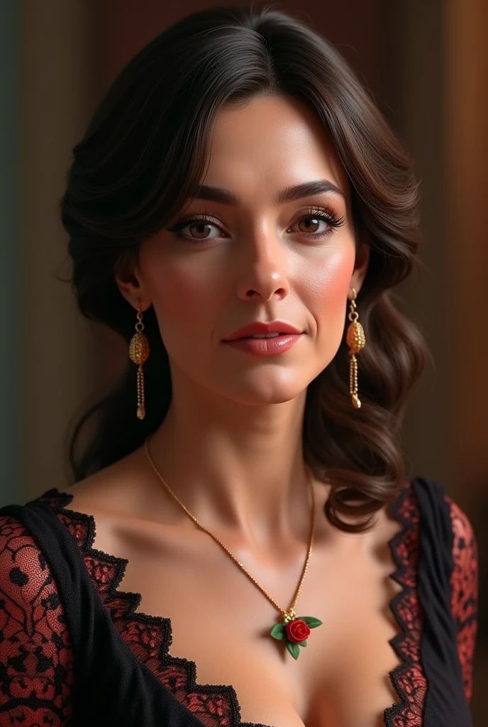 (Extremely detailed CG unit 8k wallpaper, masterpiece, Best Quality, ultra detailed), (better lighting, best shadow), 45 year old Spanish woman., maduro, square face, wearing 1 red rose on the neck of the necklace, wearing a black and red lace dress, golden earrings, Features as María Padilla., (very detailed skin: 1.2), medium brown loose hair with highlights
