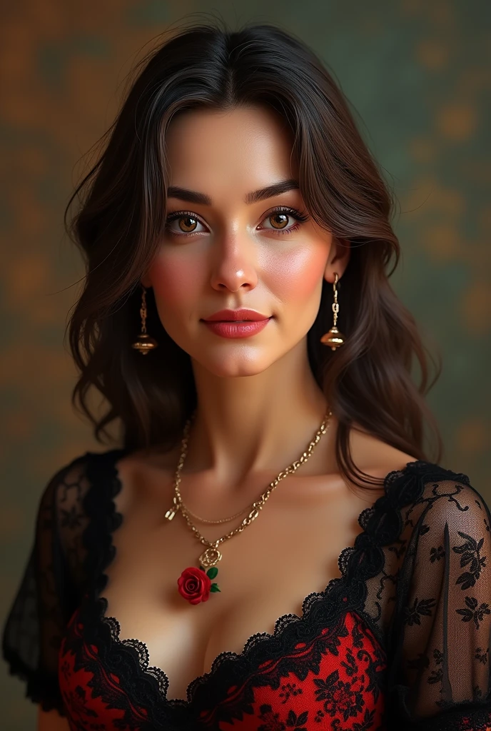 (Extremely detailed CG unit 8k wallpaper, masterpiece, Best Quality, ultra detailed), (better lighting, best shadow), 45 year old Spanish woman., maduro, square face, wearing 1 red rose on the neck of the necklace, wearing a black and red lace dress, golden earrings, Features as María Padilla., (very detailed skin: 1.2), medium brown loose hair with highlights