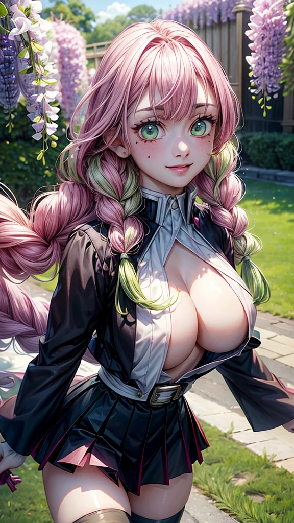 Potrait of beautiful MitsuruDS,(masterpiece, Highest quality:1.3), (Super detailed:1.4),(Super detailed顔:1.2),(Super detailed目:1.2), (hyperRealistic:1.3), (RAW Photos:1.2), High-definition RAW color photos, Professional photos, (PhotoRealistic:1.4), (Realistic:1.4),8k,Professional Lighting, Perfect Anatomy, BREAK,(Big Breasts:1.6),(blush:1.2),(Bright smile:1.2),detail, Sharp focus, dramatic,(sexy angle:1.2),Wisteria field,(black demon slayer uniform:1.2), long sleeves, japanese clothes, cleavage, open clothes,White belt,White Haori,black skirt,black jacket,pleated skirt, green thighhighs, zettai_ryouiki, BREAK,Bright green eyes,(Two-tone hair,Pink Hair,hair with green tips:1,2),mole under eyes,