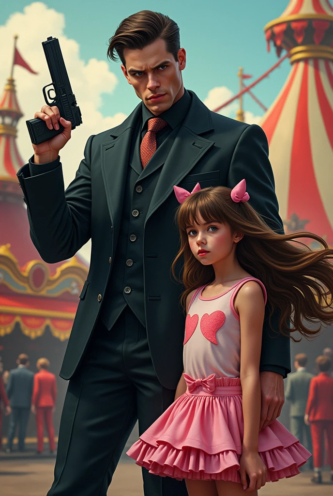 Jerome Valeska in a circus with a black gun,and a girl next to him about ,with a pastel pink skirt and a top with two hearts in the same color as the skirt with ruffles,that looks like she&#39;s a circus acrobat,with brown hair