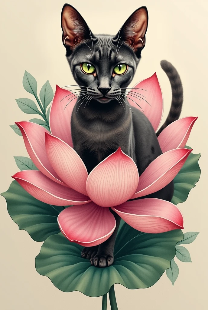 Tattoo of a lead-colored Egyptian Mau cat in the middle of a lotus flower