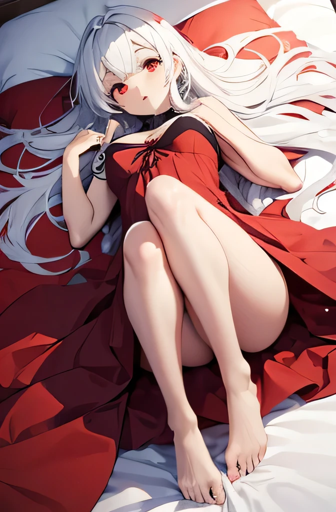 1 girl, dress lifted up, legs spread, lying on his back, White hair, Red eyes