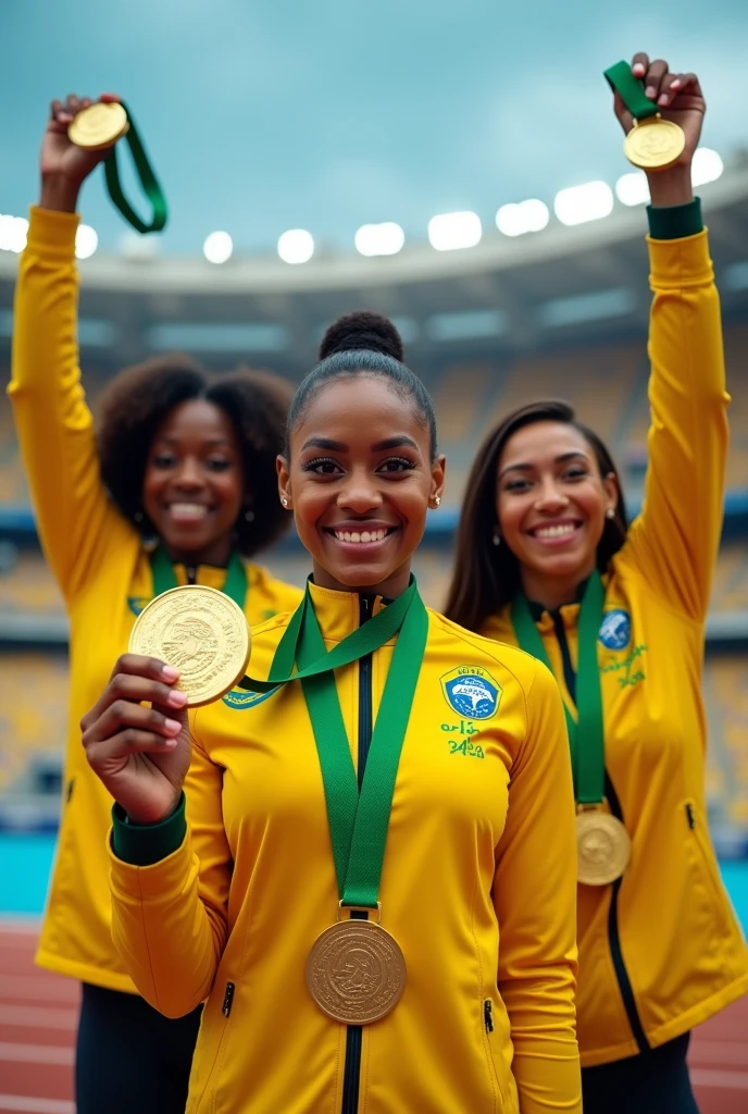 Make a picture of the Brazilian athletes who won gold medals at the Paris Olympics. They have to have the medals in their hands. And the following must be written in advertising style:: 
The first gold medal went to a black woman.
All three Brazilian golds went to women. 
The greatest Brazilian medalist is a black woman. 