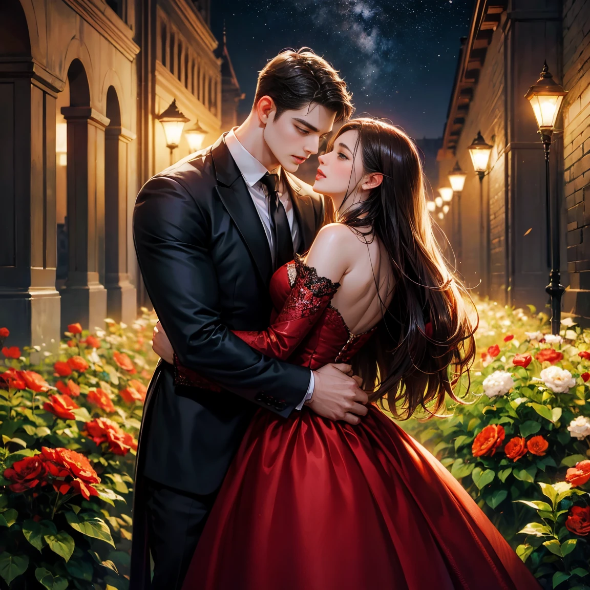 Night Flower Garden,A woman in a red evening dress，Long, straight, dark brown hair. ,Couple hugging from behind，Short black hair for，handsome，A young woman with long, wavy black hair，black dress,footpath ,The lights are dim.,Half body 4k,35 year old man ,Strong, broad chested ,Big one,Taller men,Not full.
