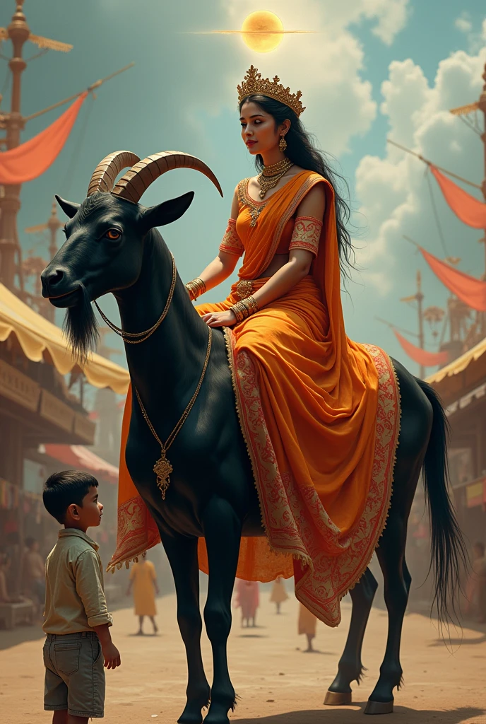 A woman is sitting on a black goat with mother's crown on her head and full saree and full blouse. Cover photo of Sola Sindhar adornment. There is a fair in heaven. 1 boys are crying and crying, they want blessings.