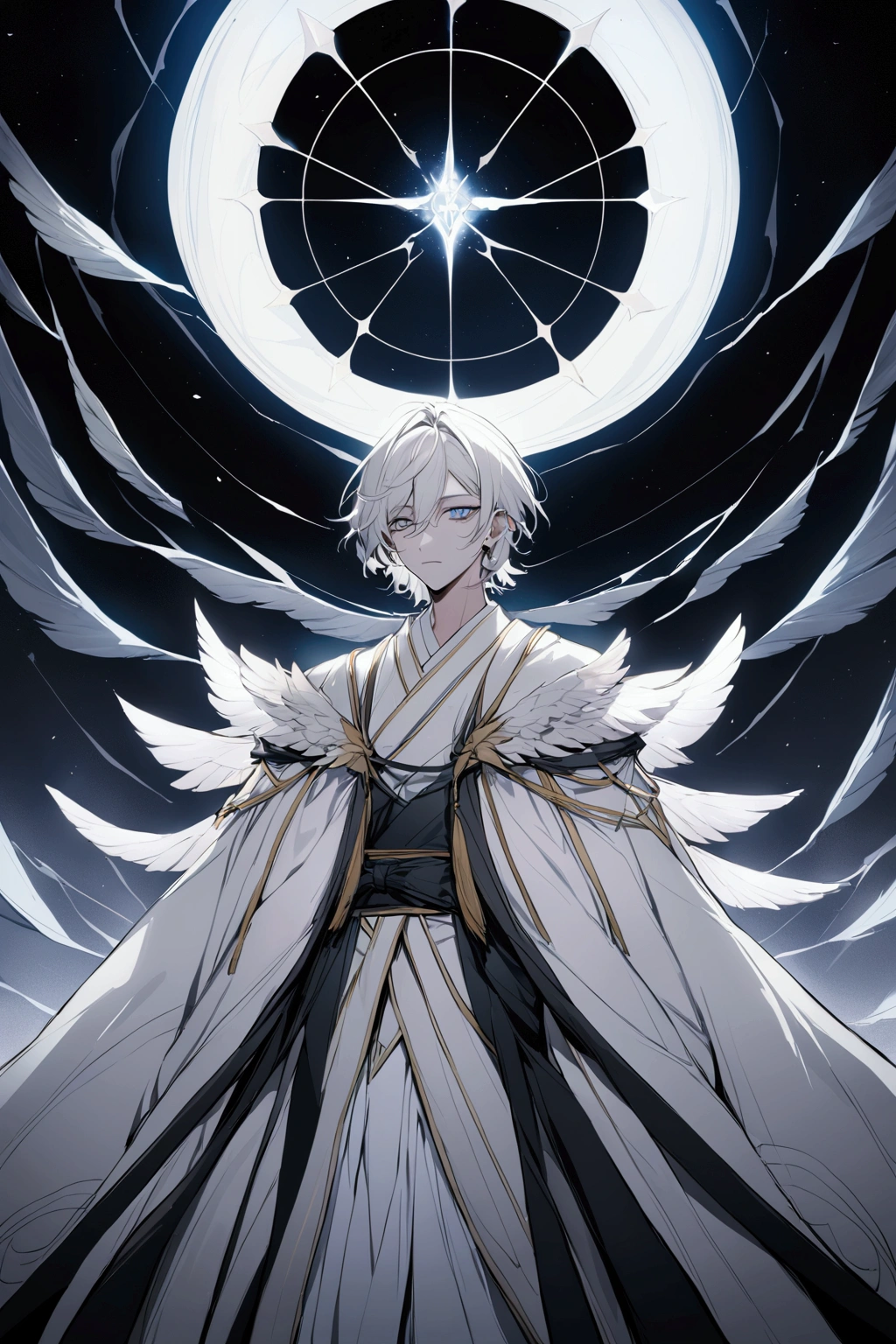 Jeune homme 20 ans kimono blanc, une aura puissante émane de lui, une aura blanche et bleu comme des flamme énorme qui recouvre sont corp, il a un bras en chakra qui remplasse un bras coupé et il tien une épée en pose de combat avec un regard du bas vers le haut , et un regard noir de détérmination.