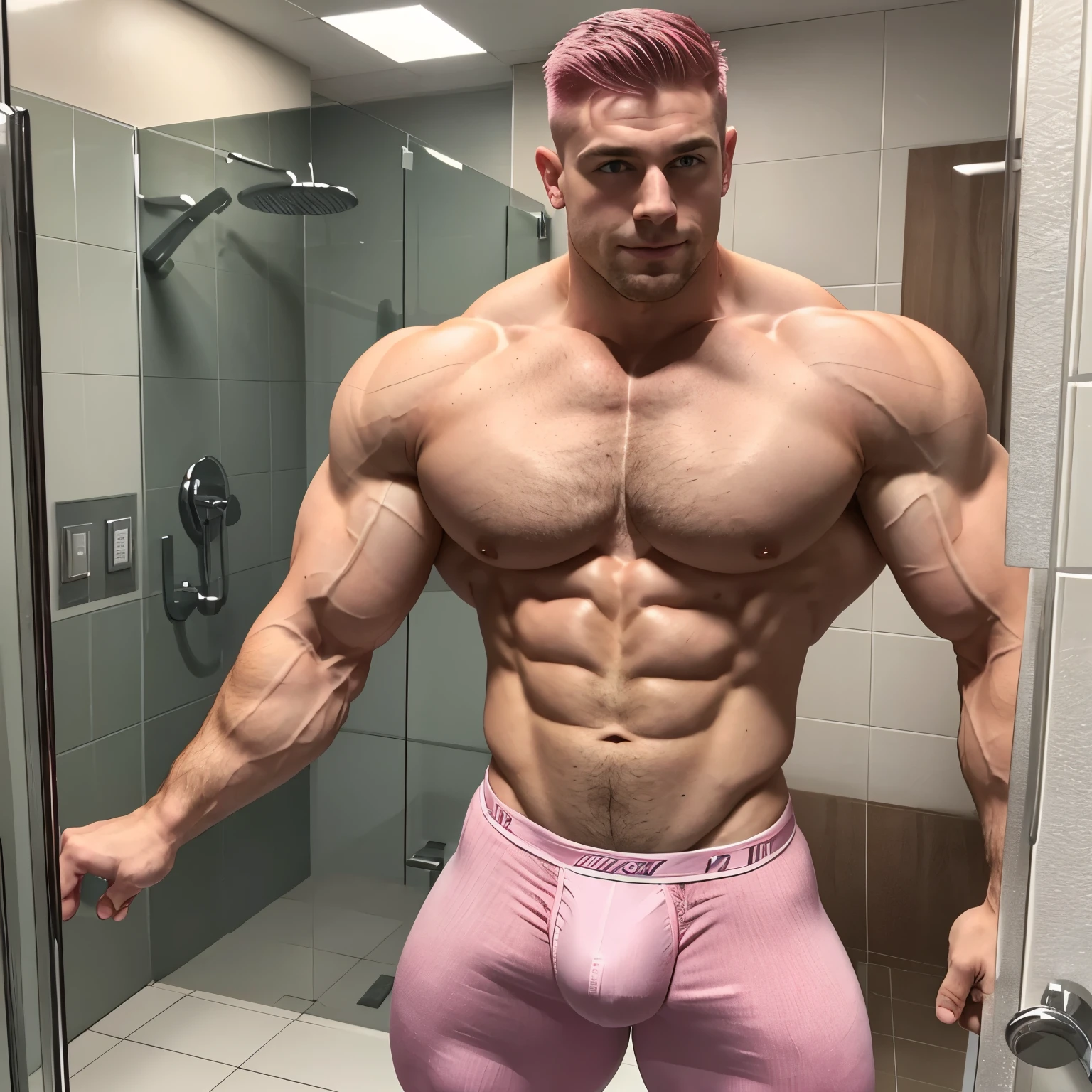 full view full body, one tall musclebound white european red-haired bodybuilder gay effeminate boy with clean shaved undercut haircut. Huge over-sized biceps. Standing in a bathroom in front of the shower. Handsome. Massive muscles. Arm lifted to show peaked over-exagerated bulbous flexed over-inflated triple-biceps and enormous over-bloated shoulders and pecs. Looking happy Admiring himself. Shirtless waering only tiny lycra light-pink briefs, showing off a huge manhood bulge through the pink lycra, and pink socks, his pink socks must be seen