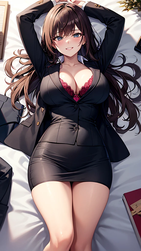 masterpiece, best quality, high detail, beautiful business woman, wavy hair, dark brown hair, large bust, red bra, unbuttoned jacket, black maxi pencil skirt, knee length skirt, long black pencil skirt, business suit skirt, slim body, hips, hip bones, looking at viewer, awkward, light smile, teeth, blush, bedroom, lying, on back, view from above, arms up,