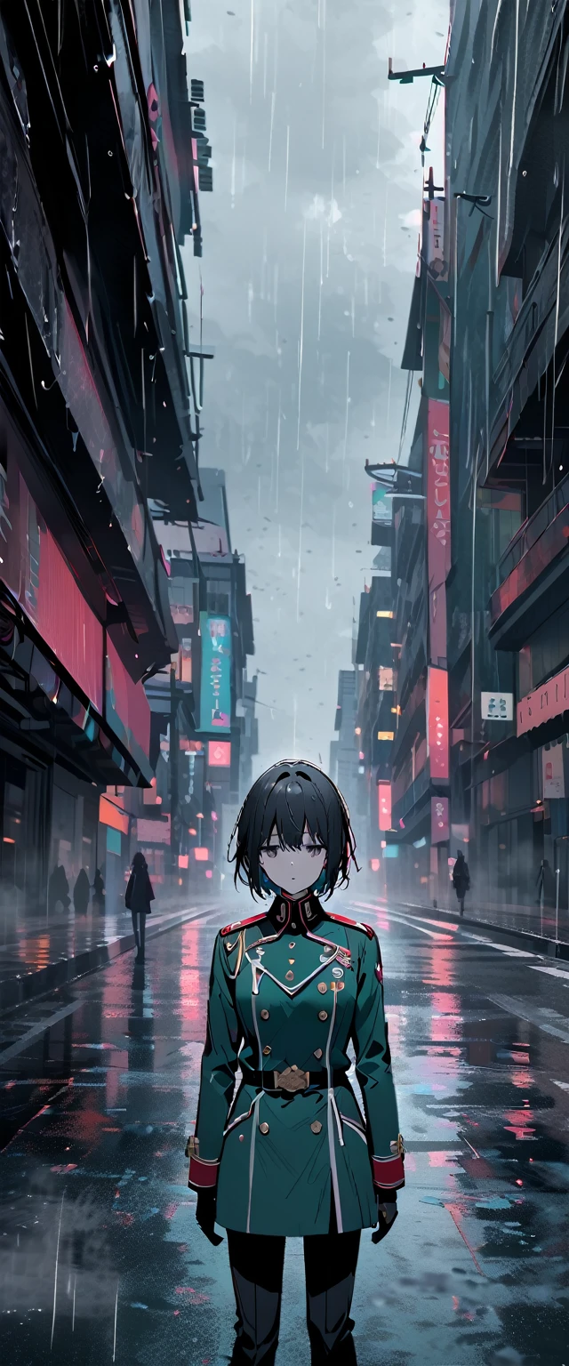 empty stare,short black hair,uniform,rain,4k,city,alone,cold colors,fog