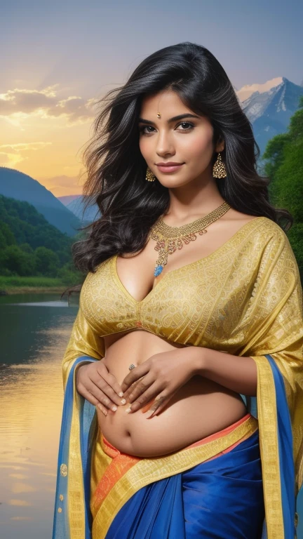 Beautiful young indian woman, village, wearing saree, river and mountain landsape, moonlit night, age, detailed face, detailed body, symmetric face, cute, iconic, photorealistic, big breasts, big belly, belly piercing, soft body, wavy hair, masterpiece, 8k, ultra realistic, detailed background, palace, god rays, ambient occlusion