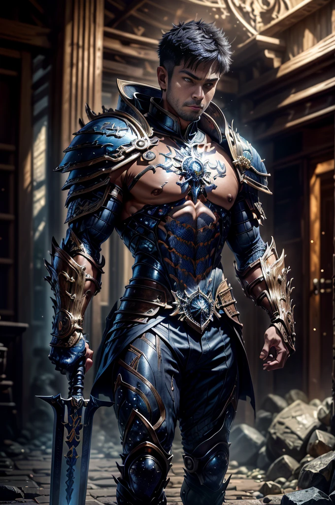 Boys in 8K resolution(full body esbian:1.3)shot、splash art、Great cartoon style、A realistic and young male figure、Anatomically realistic digital painting(to show:1.3)Portrait of a young man(to show:1.3)blue and white complex(Heavily armed:1.3)And white short hair(A dark and moody universe:1.3)、black clothes,light particles、highly detailed skin、Demon Slayer、very detailed eyes、 (Elden Ring Style:1.1)、(warhammer style:1.3)、Concept Artist、World Lighting、depth of field、splash art、Works of art:art manure、Greg Rutkowski(Greg Rutkowsky)、Victoria Gavrilenko,He has a very big sword.