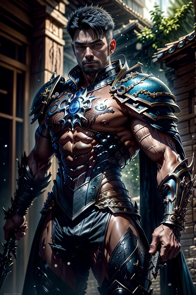 Boys in 8K resolution(full body esbian:1.hot、splash art、Great cartoon style、A realistic and young male figure、Anatomically realistic digital painting(to show:1.3)Portrait of a young man(to show:1.3)blue and white complex(Heavily armed:1.3)And white short hair(A dark and moody universe:1.3)、black clothes,light particles、highly detailed skin、Demon Slayer、very detailed eyes、 (Elden Ring Style:1.1)、(warhammer style:1.3)、Concept Artist、World Lighting、depth of field、splash art、Works of art:art manure、Greg Rutkowski(Greg Rutkowsky)、Victoria Gavrilenko,He has a very big sword.