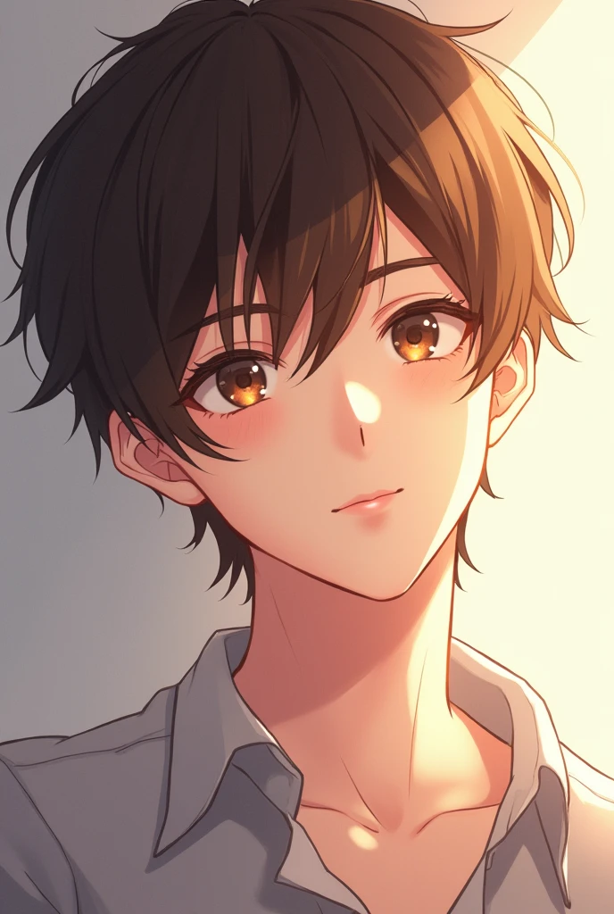 A man with brown hair, 27 years old, almond eyes and a small smile. A thin and gentle face, Caucasian skin, anime styling.