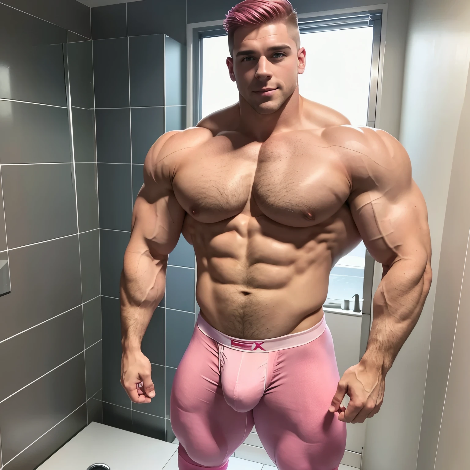 full view full body, one tall musclebound white european red-haired bodybuilder gay effeminate boy with clean shaved undercut haircut. Huge over-sized biceps. Standing in a bathroom in front of the shower. Handsome. Massive muscles. Arm lifted to show peaked over-exagerated bulbous flexed over-inflated triple-biceps and enormous over-bloated shoulders and pecs. Looking happy Admiring himself. Shirtless waering only tiny lycra light-pink briefs, showing off a huge manhood bulge through the pink lycra, and pink socks, his pink socks must be seen