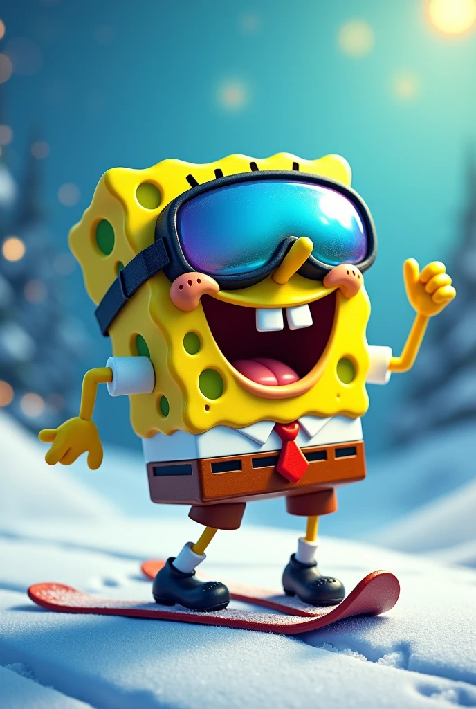 Spongebob Squarepants dancing, He wears large ski goggles in which Patrick Star is reflected, ultra quality, Very detailed, spotlight