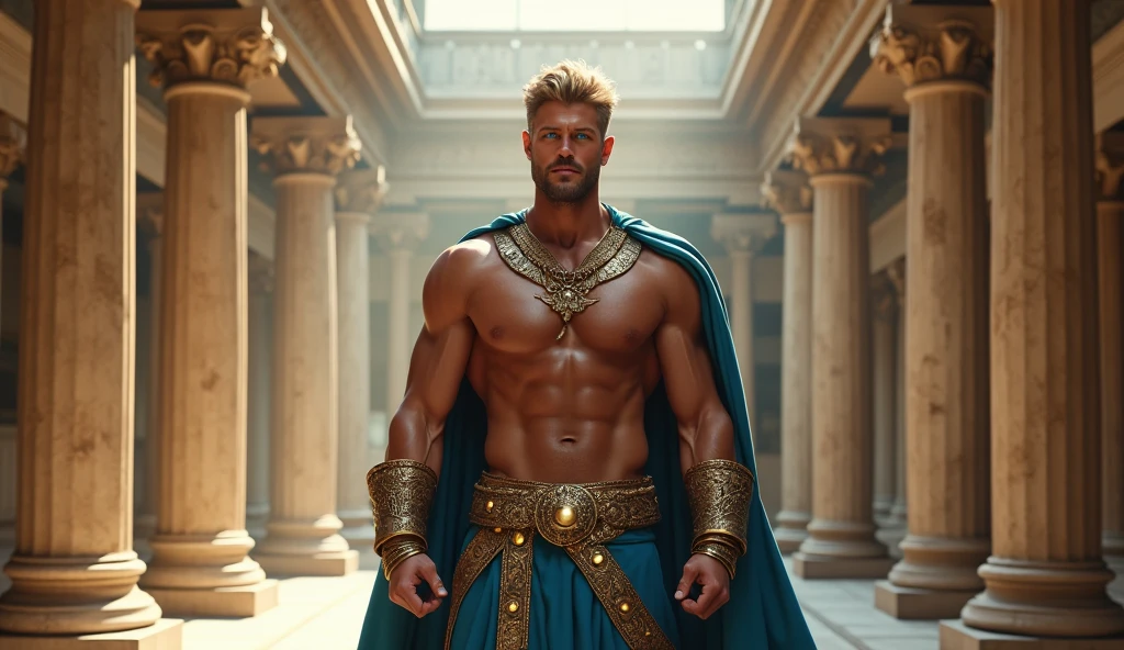 (man:1.5),1 man,male, muscle, 1 chico, muscle, pectoral, muscular, Mature man, 35 years,1 man,macho man,perfect body,an extremely delicate and beautiful detailed face,((by rubio,cute hairstyle,short by rubio)),(((blonde very short beard, blonde very short beard))), (((blue_eyes:1.3))),Intricate eyes,beautiful detailed eyes,symmetrical eyes,perfect face, cute hairstyle,perfect proportions, thick, ((detailed face)),macho man, (male Caucasian Prince),Prince, (((shiny skin:1.5,tanned skin,shiny skin: 1.5,tanned skin,shiny skin,very shiny skin,shiny body))),powerful,heroic,NSFW, Caucasian,elegant, (open to that, arabic fashion,Arab of that, Cowboys,White shirt, Masculine traits, modern style,Arabic clothing),(((blue toga, blue toga suit, wearing a blue toga:1.3,arab blue toga))),(arabic jewelry,Intricate necklace),((bulge in pants)),(((Intricate outfit,Intricate clothes,embellished suit))), (dynamic pose:1.0),ashamed,(centered,Scale to fit dimensions,rule of thirds), inside,interior,((room in a greek temple:1.3,columns of a greek temple:1.3)),scenery:1.25,((Intricate scenery)),((winter decorations)), (Bright winter decorations),High resolution,sharp focus,(ultra detailed,extremely detailed),(photorealistic artwork:1.37),(extremely detailed CG unity 8k wallpaper),(((vibrant colors,vibrant theme))),(Intricate),(masterpiece),(Best Quality),