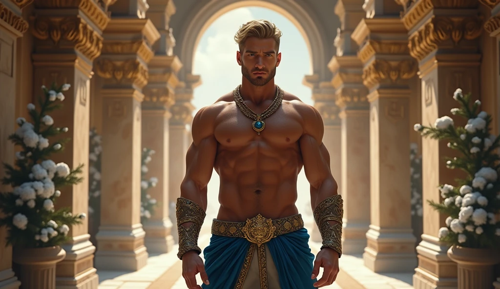 (man:1.5),1 man,male, muscle, 1 chico, muscle, pectoral, muscular, Mature man, 35 years,1 man,macho man,perfect body,an extremely delicate and beautiful detailed face,((by rubio,cute hairstyle,short by rubio)),(((blonde very short beard, blonde very short beard))), (((blue_eyes:1.3))),Intricate eyes,beautiful detailed eyes,symmetrical eyes,perfect face, cute hairstyle,perfect proportions, thick, ((detailed face)),macho man, (male Caucasian Prince),Prince, (((shiny skin:1.5,tanned skin,shiny skin: 1.5,tanned skin,shiny skin,very shiny skin,shiny body))),powerful,heroic,NSFW, Caucasian,elegant, (open to that, arabic fashion,Arab of that, Cowboys,White shirt, Masculine traits, modern style,Arabic clothing),(((blue toga, blue toga suit, wearing a blue toga:1.3,arab blue toga))),(arabic jewelry,Intricate necklace),((bulge in pants)),(((Intricate outfit,Intricate clothes,embellished suit))), (dynamic pose:1.0),ashamed,(centered,Scale to fit dimensions,rule of thirds), inside,interior,((room in a greek temple:1.3,columns of a greek temple:1.3)),scenery:1.25,((Intricate scenery)),((winter decorations)), (Bright winter decorations),High resolution,sharp focus,(ultra detailed,extremely detailed),(photorealistic artwork:1.37),(extremely detailed CG unity 8k wallpaper),(((vibrant colors,vibrant theme))),(Intricate),(masterpiece),(Best Quality),